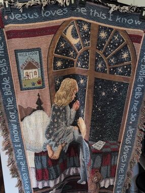 Vintage Jacquard Siblings Prayer Throw Blanket - Navy, Tan & Red